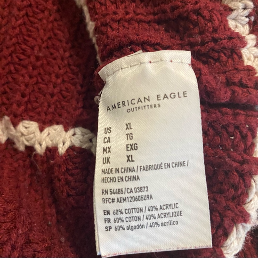 AMERICAN EAGLE knit burgundy white striped boatneck sweater w/ front pocket XL - Picture 10 of 11